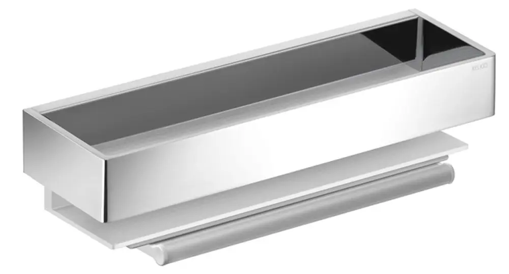 Duschkorb von Keuco mit integriertem Glasabzieher, metallische Oberfläche, rechteckige Form, zur Wandmontage geeignet.